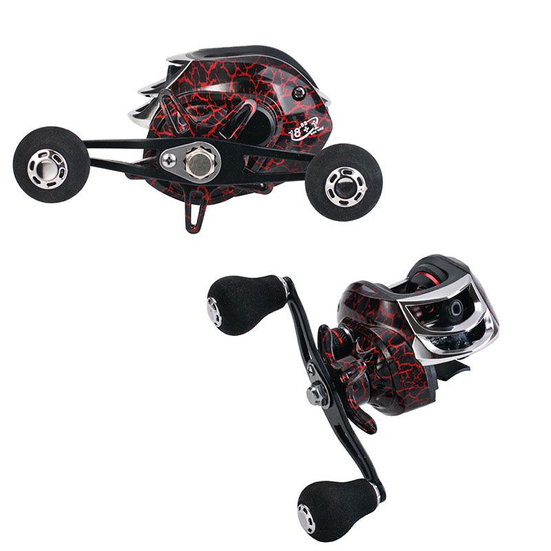 A dark red and black low-profile baitcaster reel