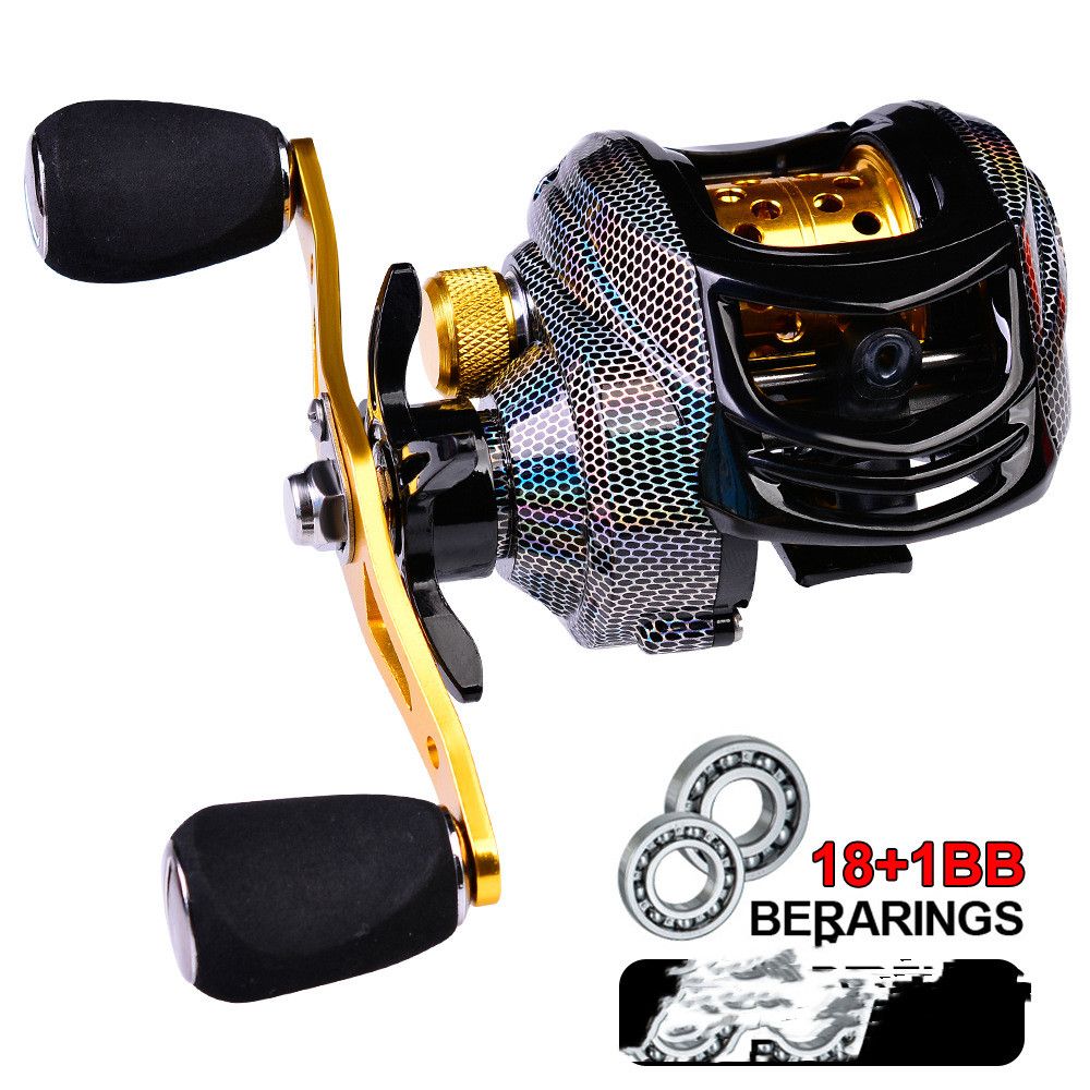 A black and gold low-profile baitcaster reel with a foam handle