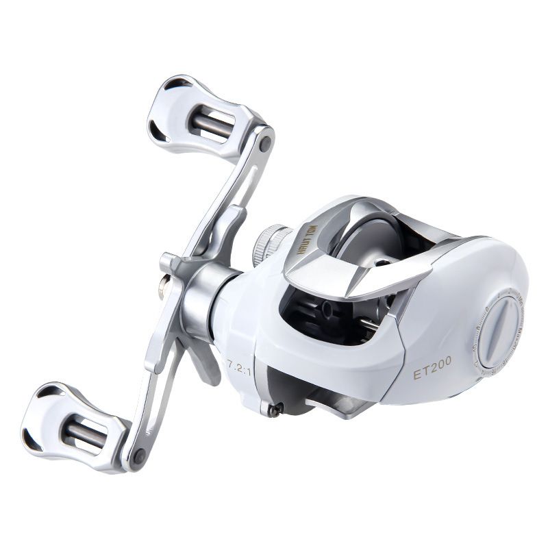 A white low-profile baitcasting reel with a silver handle