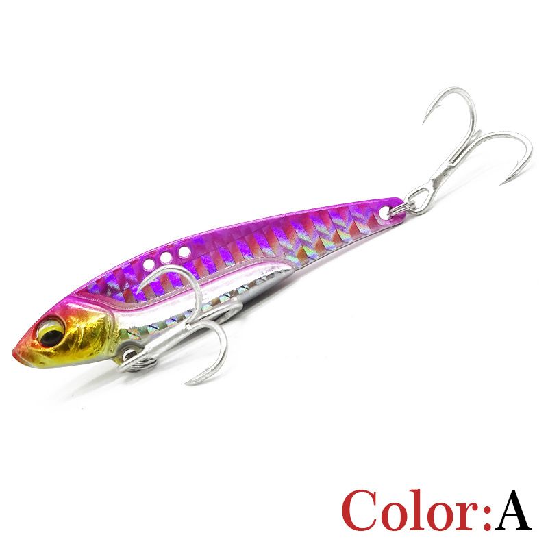 A purple metal blade bait with two treble hooks