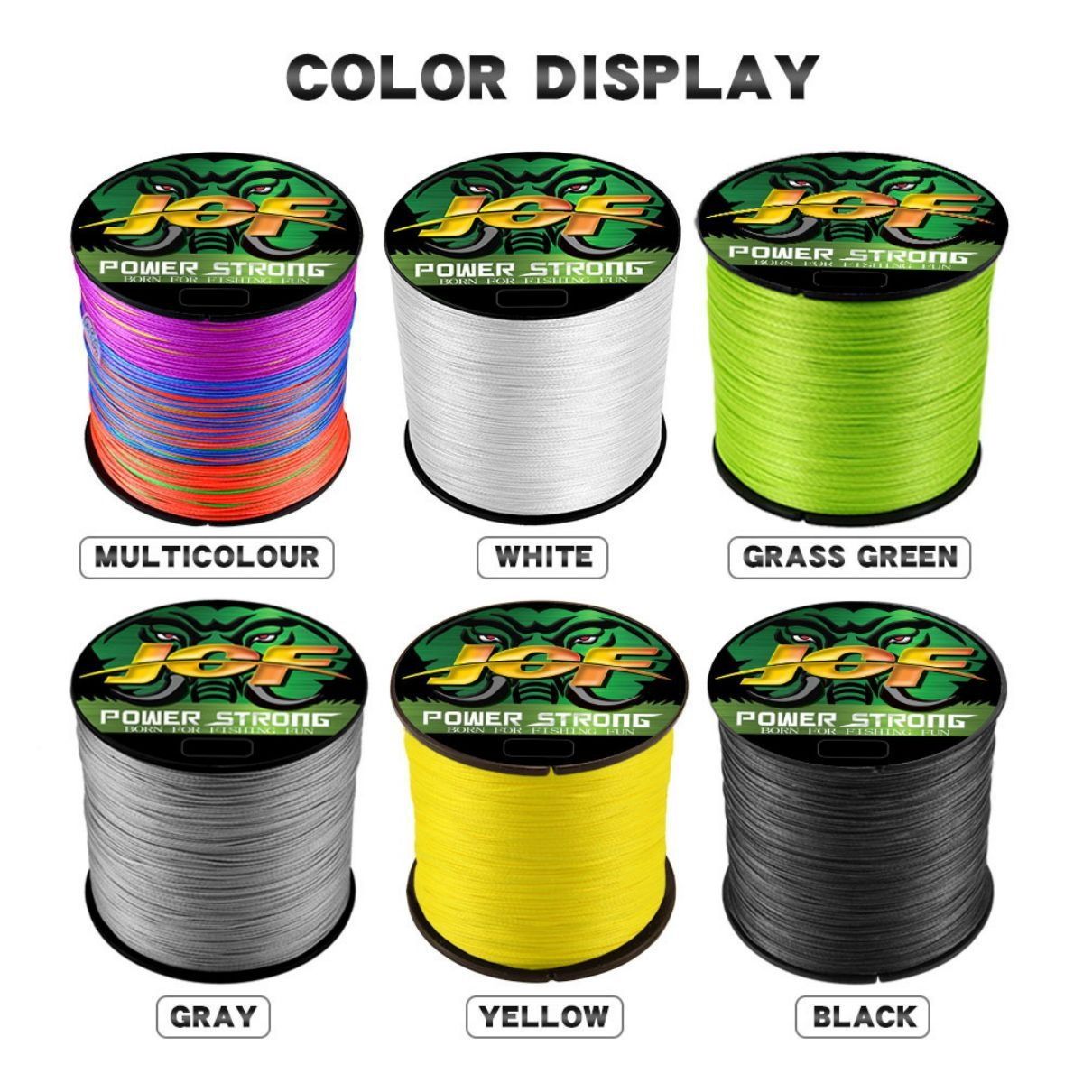 Spools of braided line in several colours with a strength chart