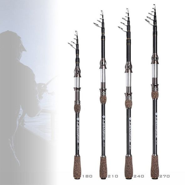 Four carbon telescopic rods extended beside an angler
