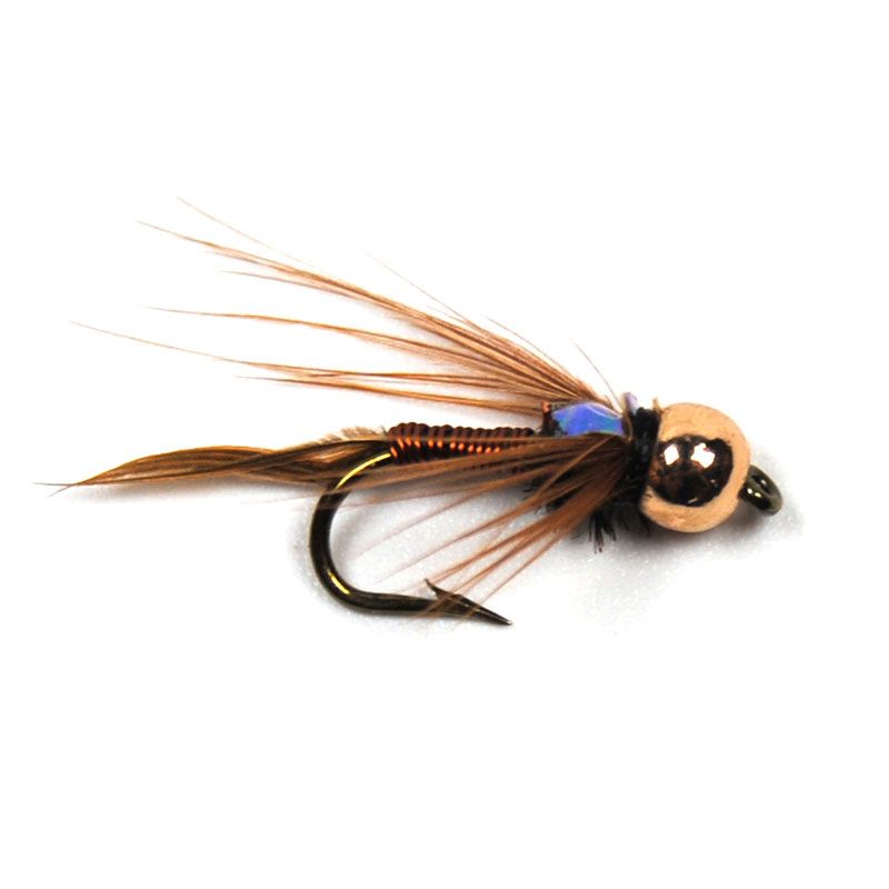 A brown nymph fly with a copper bead head