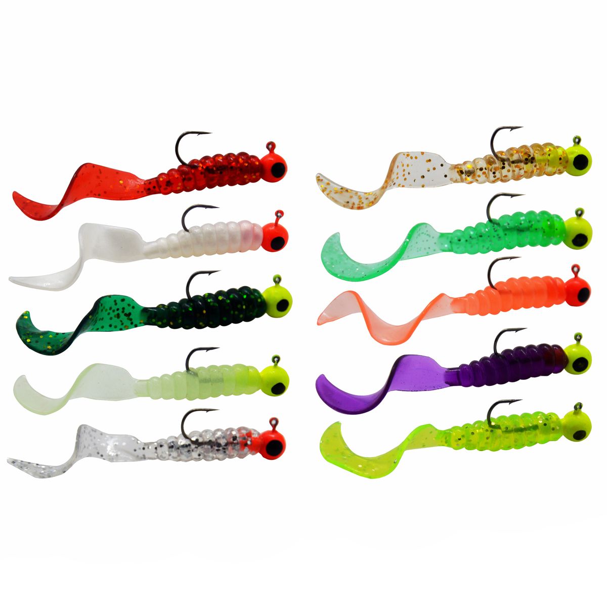 Ten colours of curly tail grub on lead jig heads