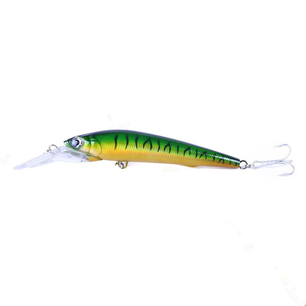 A green and yellow 18 cm minnow lure with a long lip
