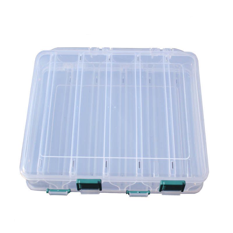 A clear double-sided tackle box with green latches