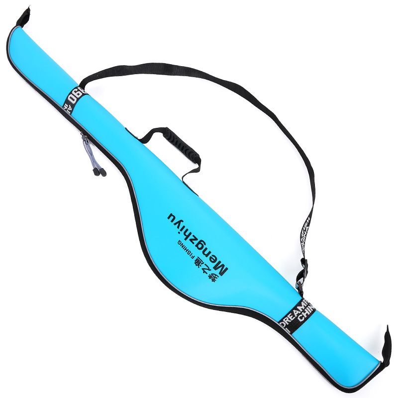 A blue EVA rod bag with a shoulder strap and printed lettering