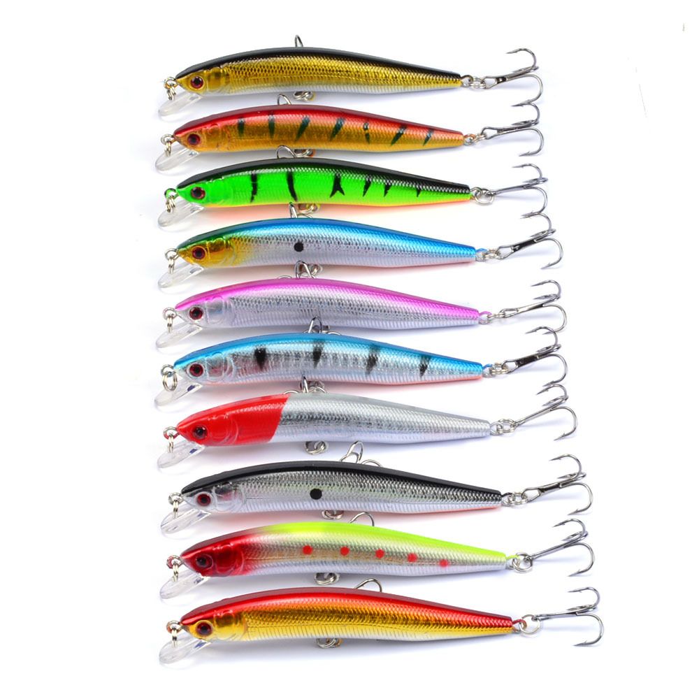 Ten minnow lures in different colours stacked in a column