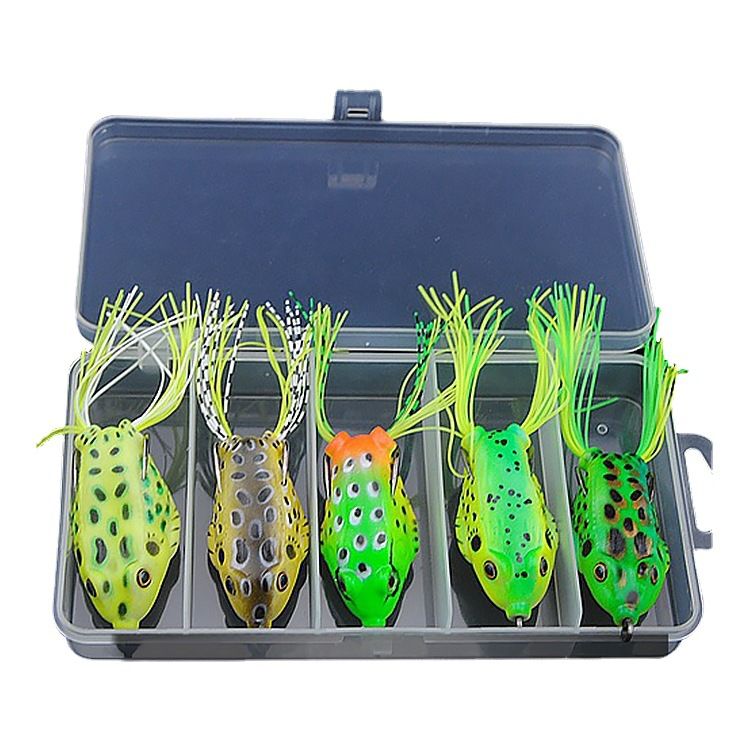 Five frog lures lying in a five-compartment box