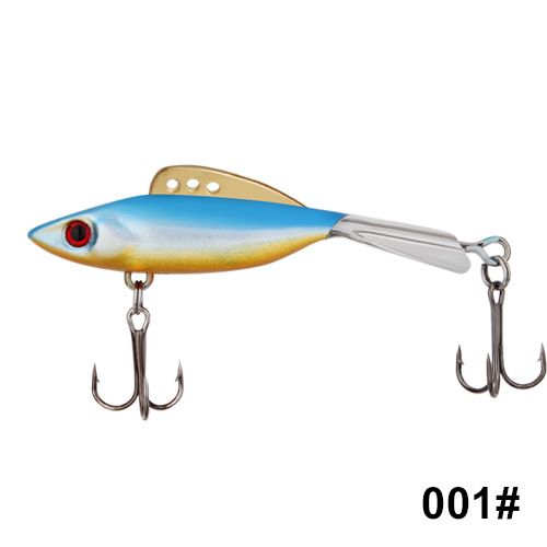 A blue and silver jigging ice fishing lure with a treble hook