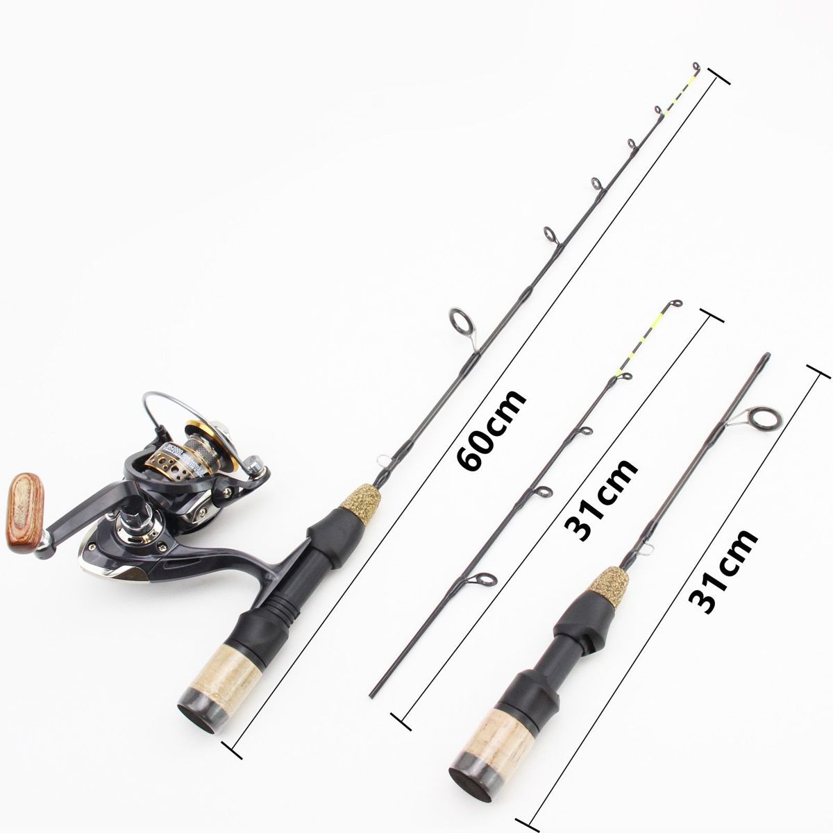 An ice fishing rod and reel with the 60 cm and 31 cm lengths labelled