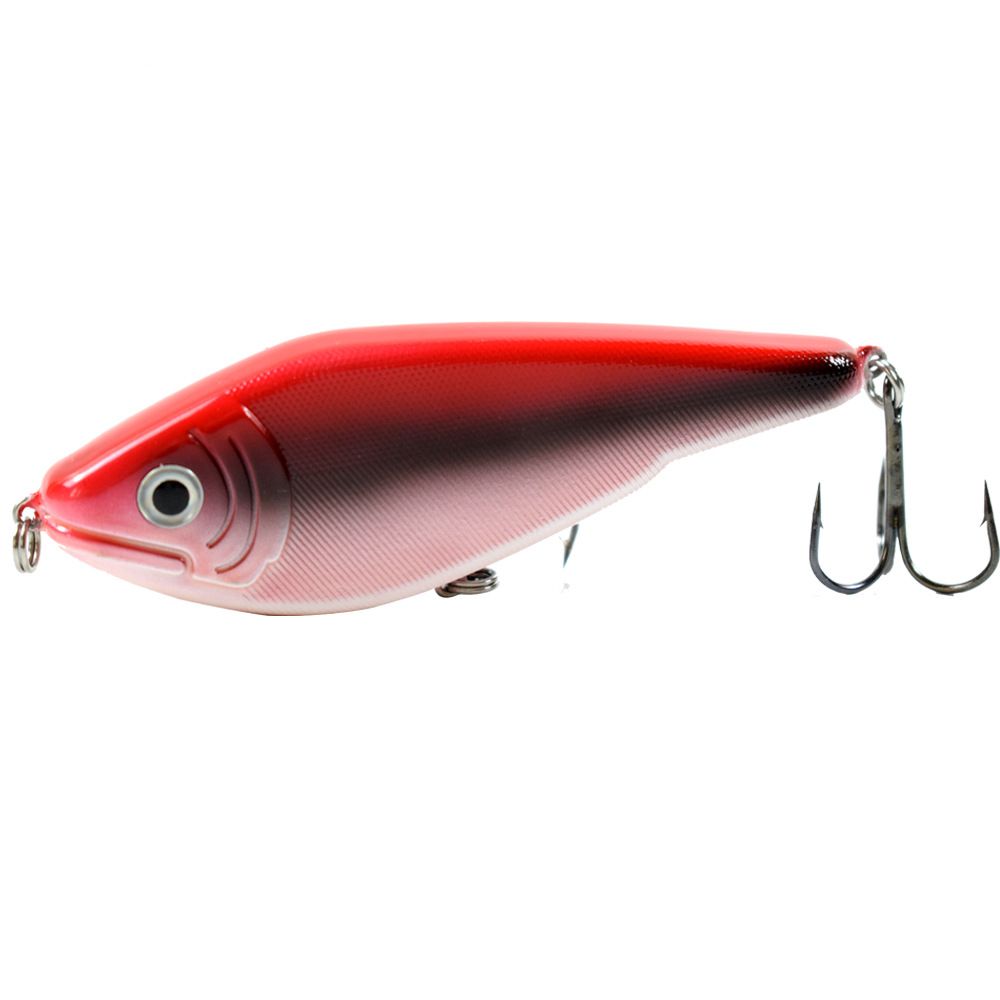A red and black glide jerkbait with two treble hooks