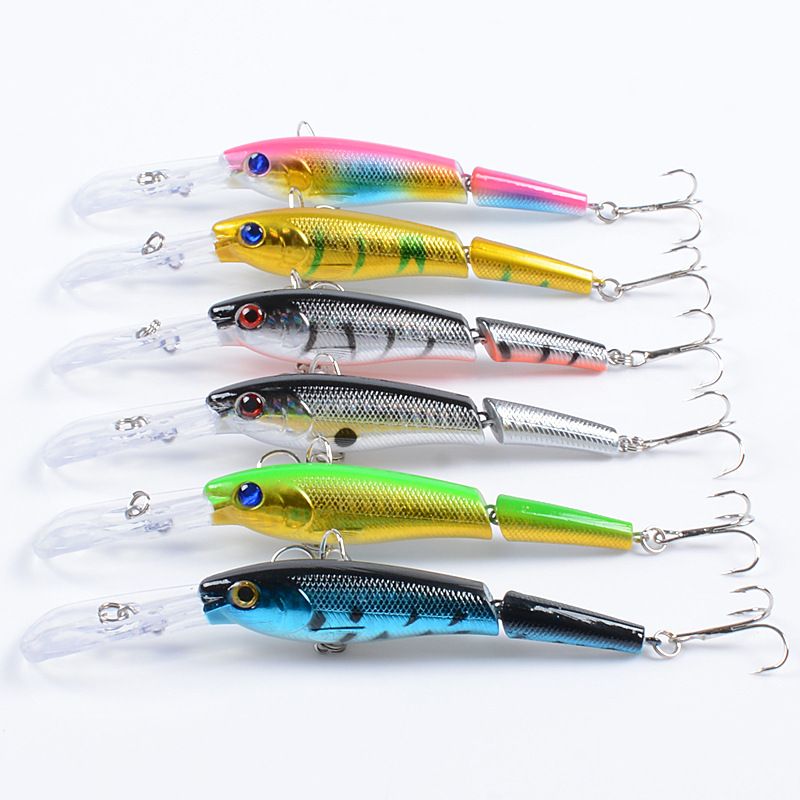 Six jointed minnow lures in different colours