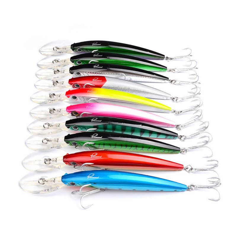 Nine large minnow lures in different colours lined up