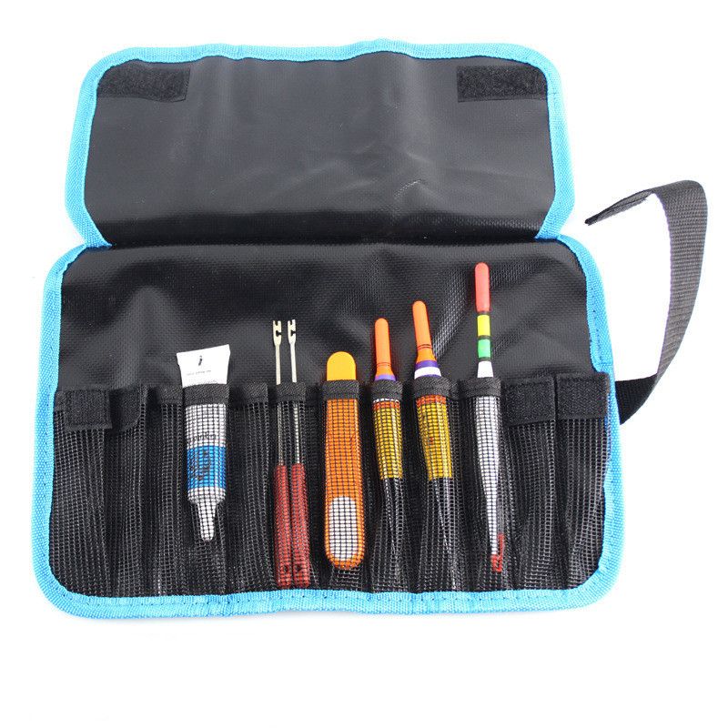 An open lure wrap with pockets holding floats and small tackle