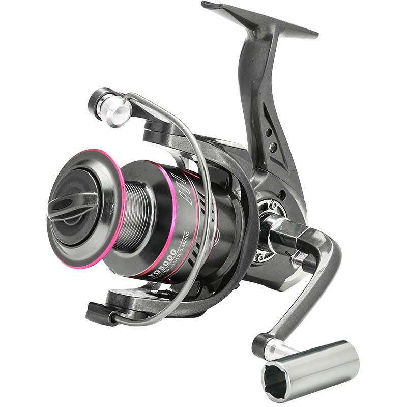 A black and silver metal spinning reel with a pink trim