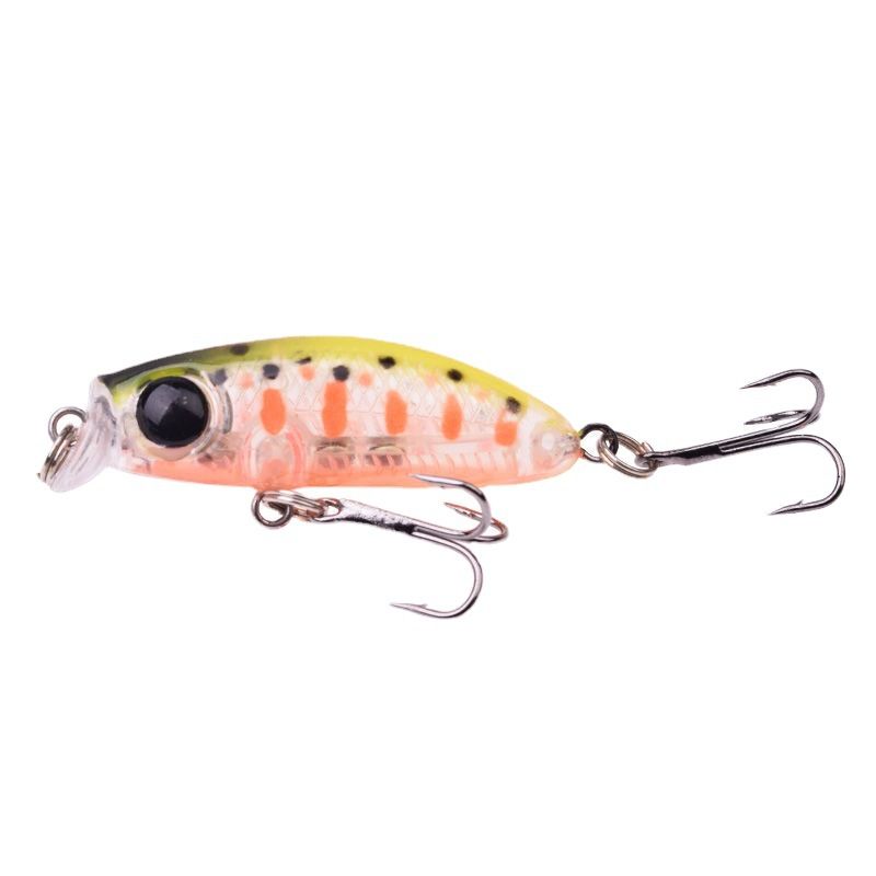 A pink and gold mini minnow lure with two treble hooks
