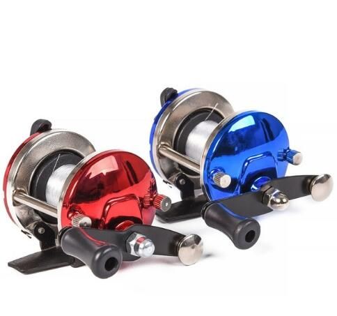 A red and a blue mini round fishing reel