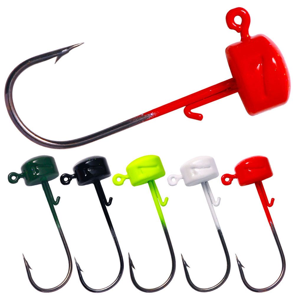 Red, green, black and white mushroom jig heads