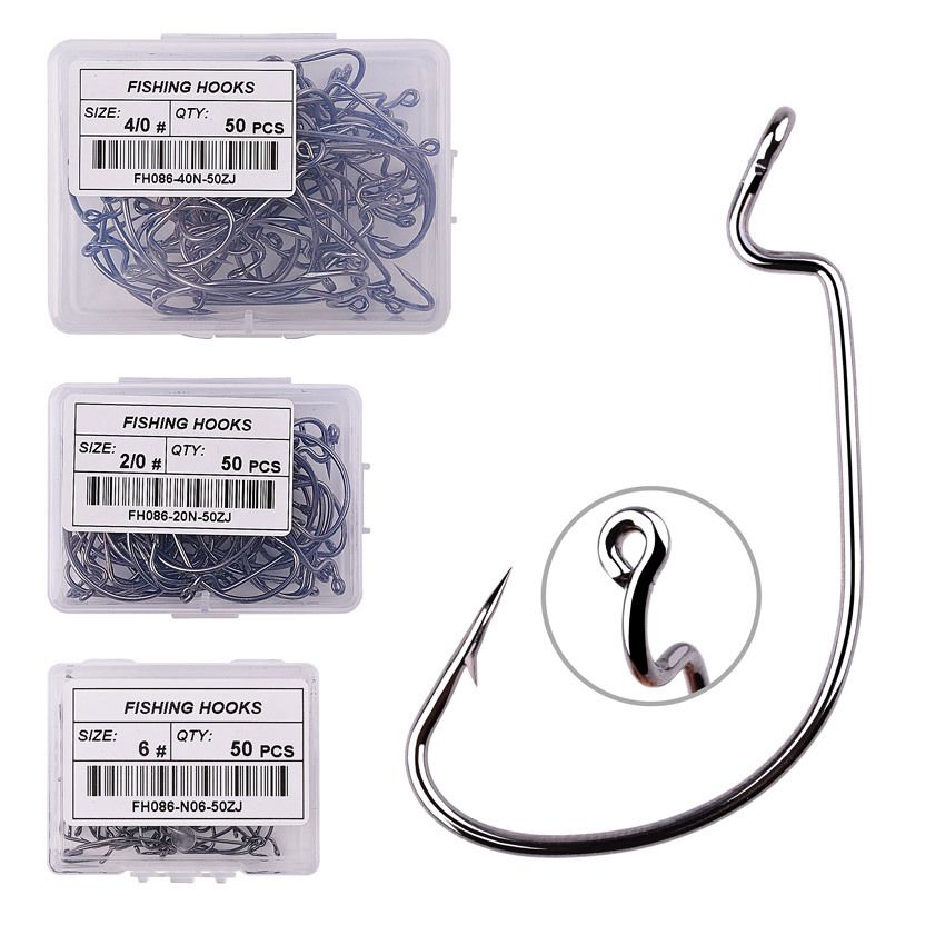 Three boxes of offset worm hooks beside one large hook