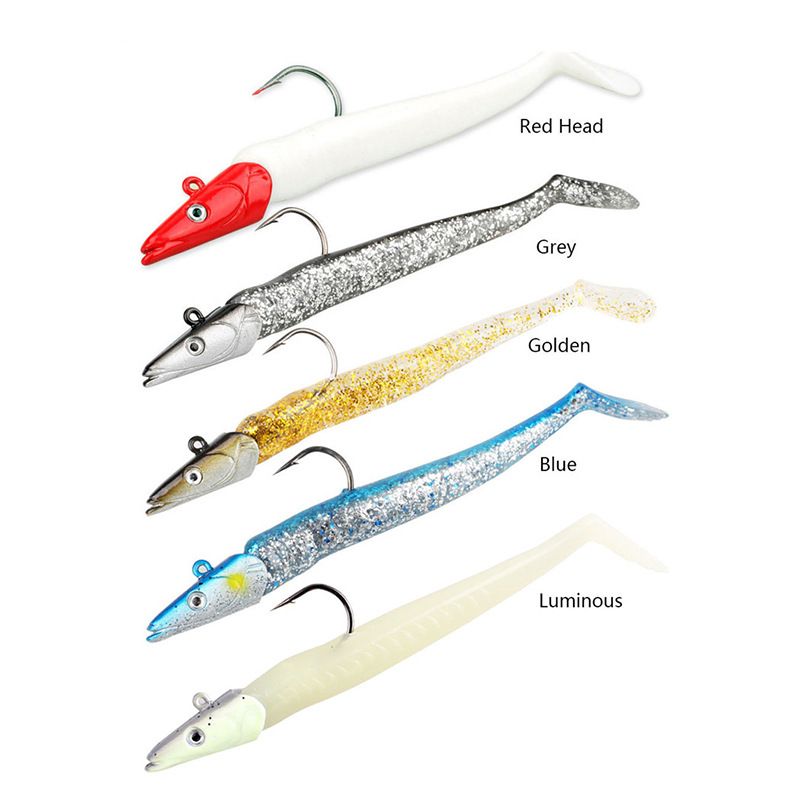 Five jig-head swimbaits in red, grey, gold, blue and glow