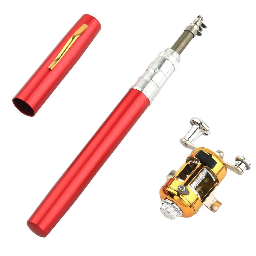 A red pen-case fishing rod extended beside a small gold reel