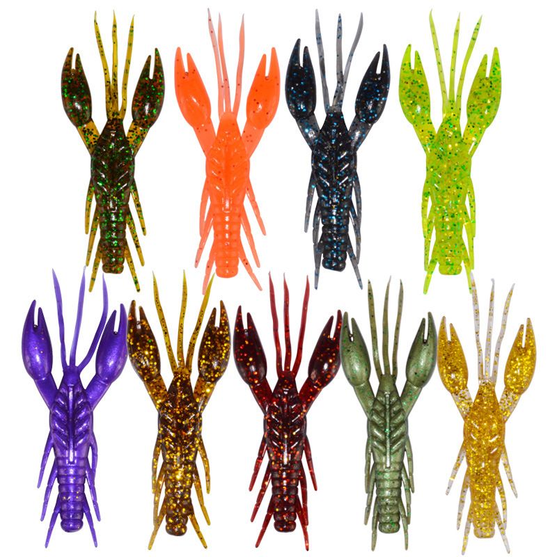 Four craw lures in dark, orange, black and green