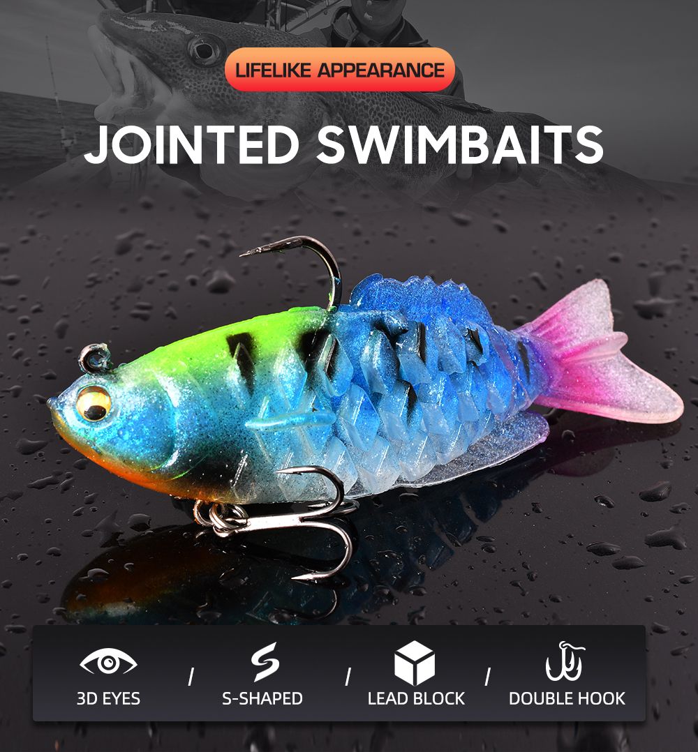 A blue swimbait with 3D eyes beside a list of its features