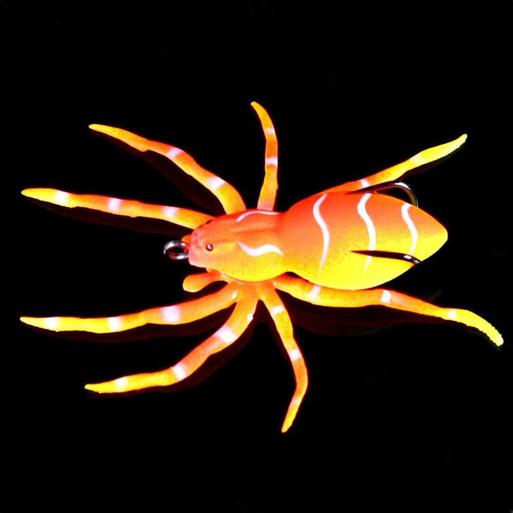 An orange spider lure with striped legs