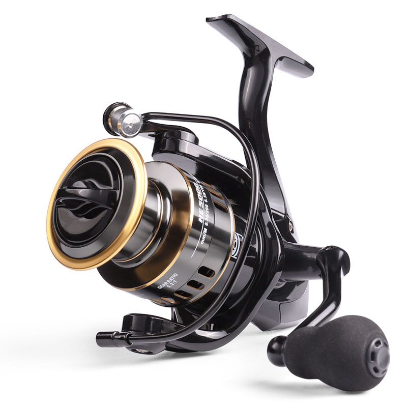 A black and gold spinning reel with a foam knob handle