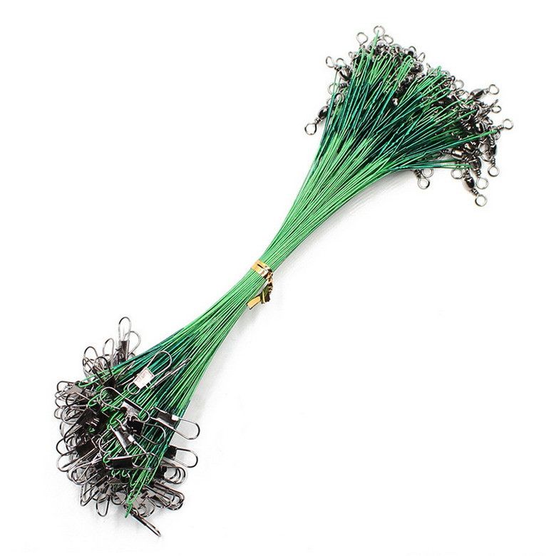 A bundle of green steel leaders with swivels