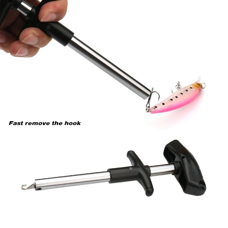 A T-handle hook remover freeing a hook from a pink lure