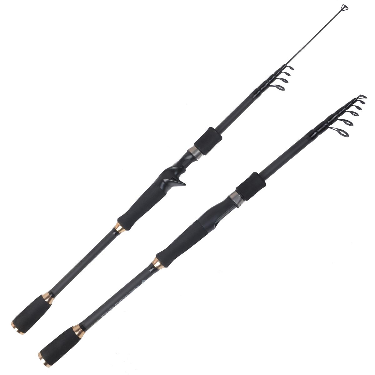 Two telescopic fishing poles extended from their handles