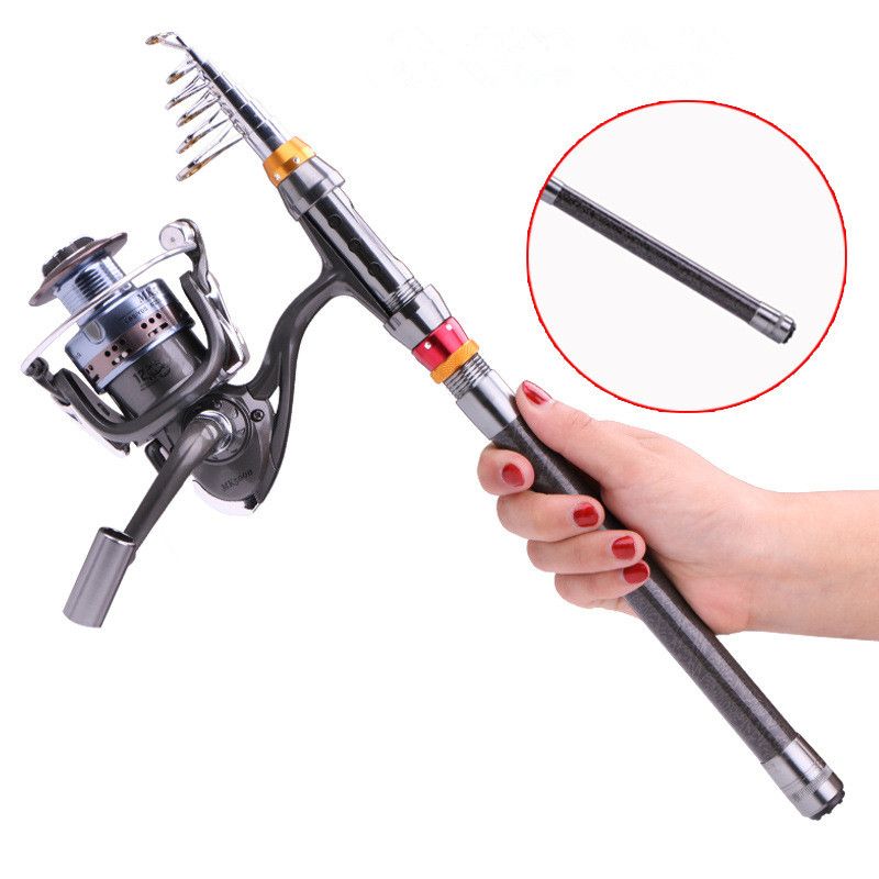 A telescopic rod with a spinning reel held in a hand