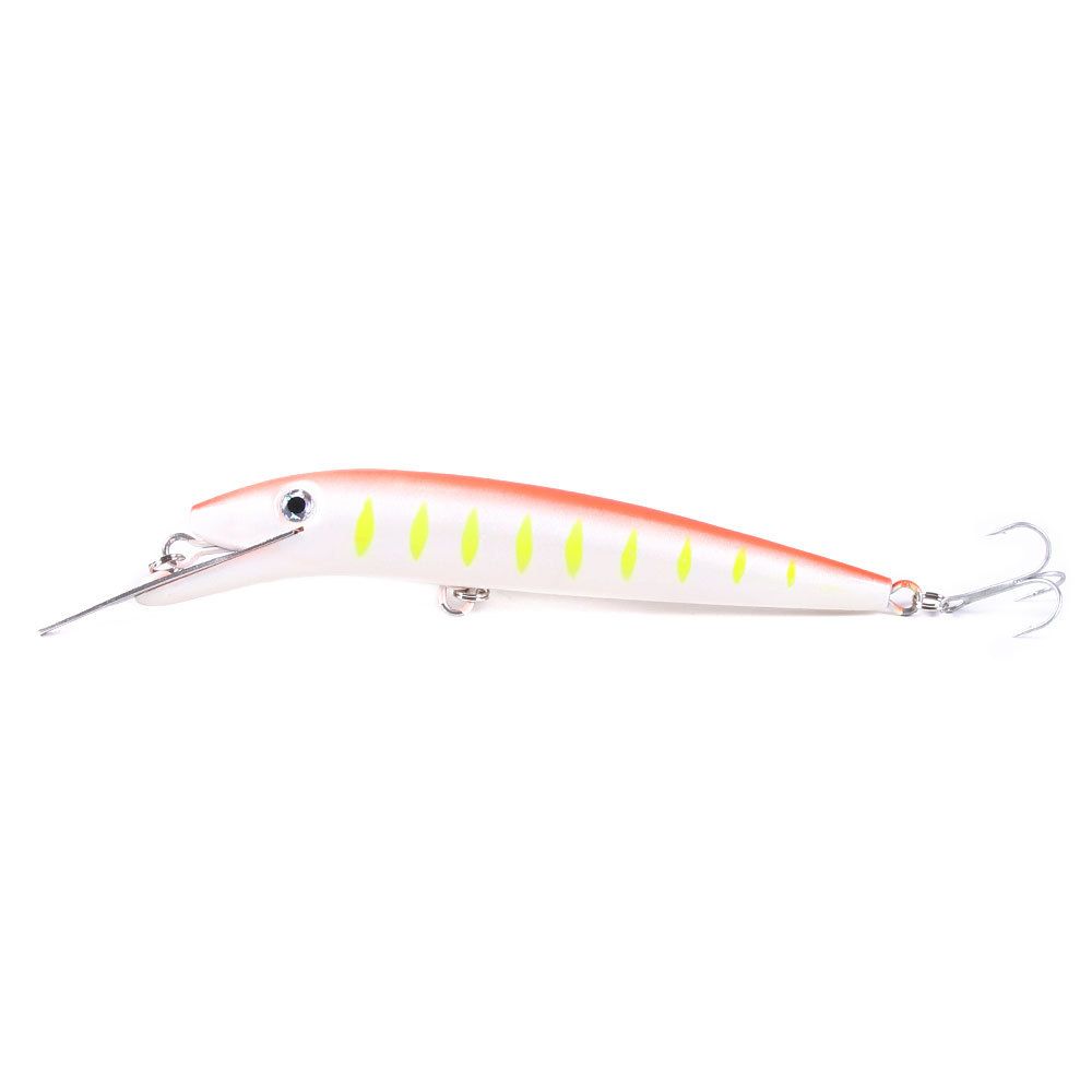 A pink and white minnow lure with a metal lip