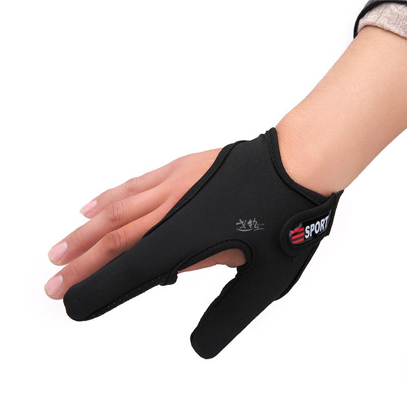 A black two-finger fishing glove on a hand