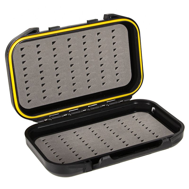 A black fly box open with a yellow seal and foam slots